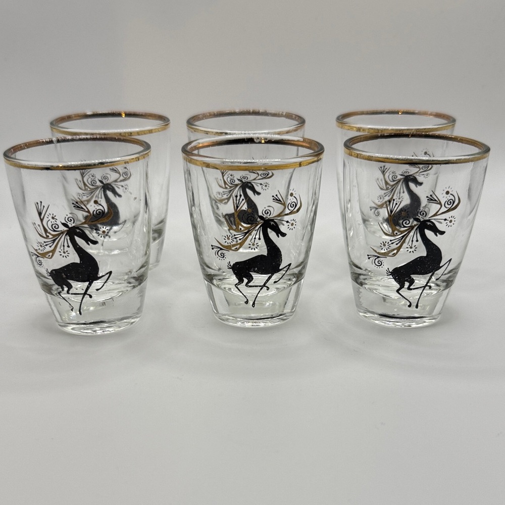 Vintage 1950s-1960s Prancing Reindeer shot glasses with gold gilding